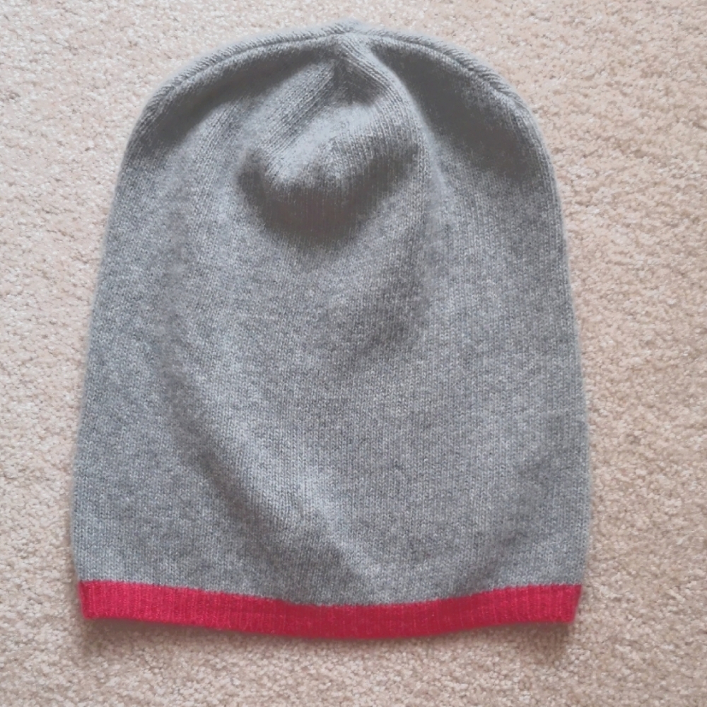 100% Cashmere Portolano Gray Beanie with Red Trim
